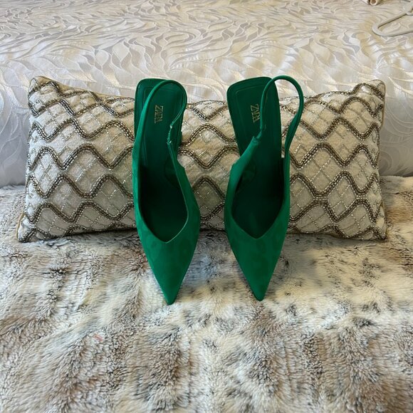 ZARA Emerald Green Satin Slingback Heels – Size 38 - Picture 5 of 5